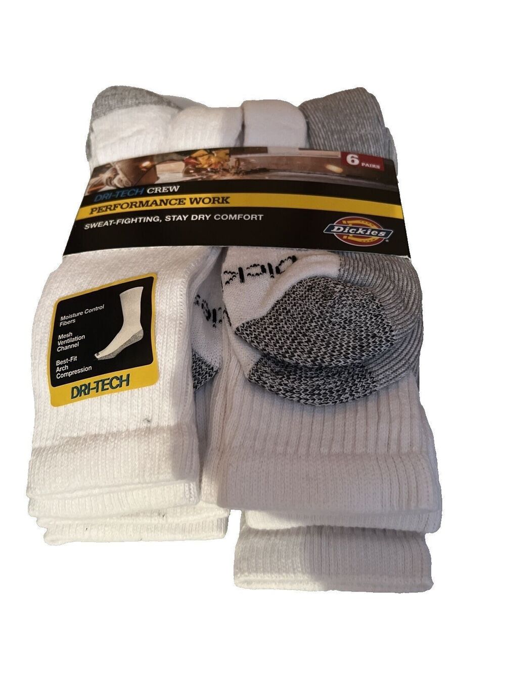 Dickies Dri-Tech Crew Flex Men's Socks - Color White 6-12 (6pairs) Very Comfy